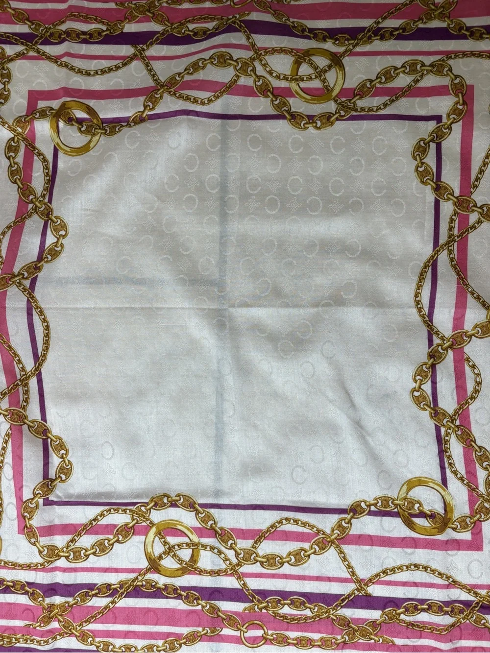 Celine White Silk Scarf with Pink, Purple & Gold Chain Print